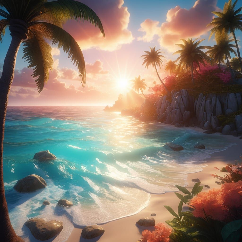 Tropical Beach Sunset in Detailed Matte Painting Style