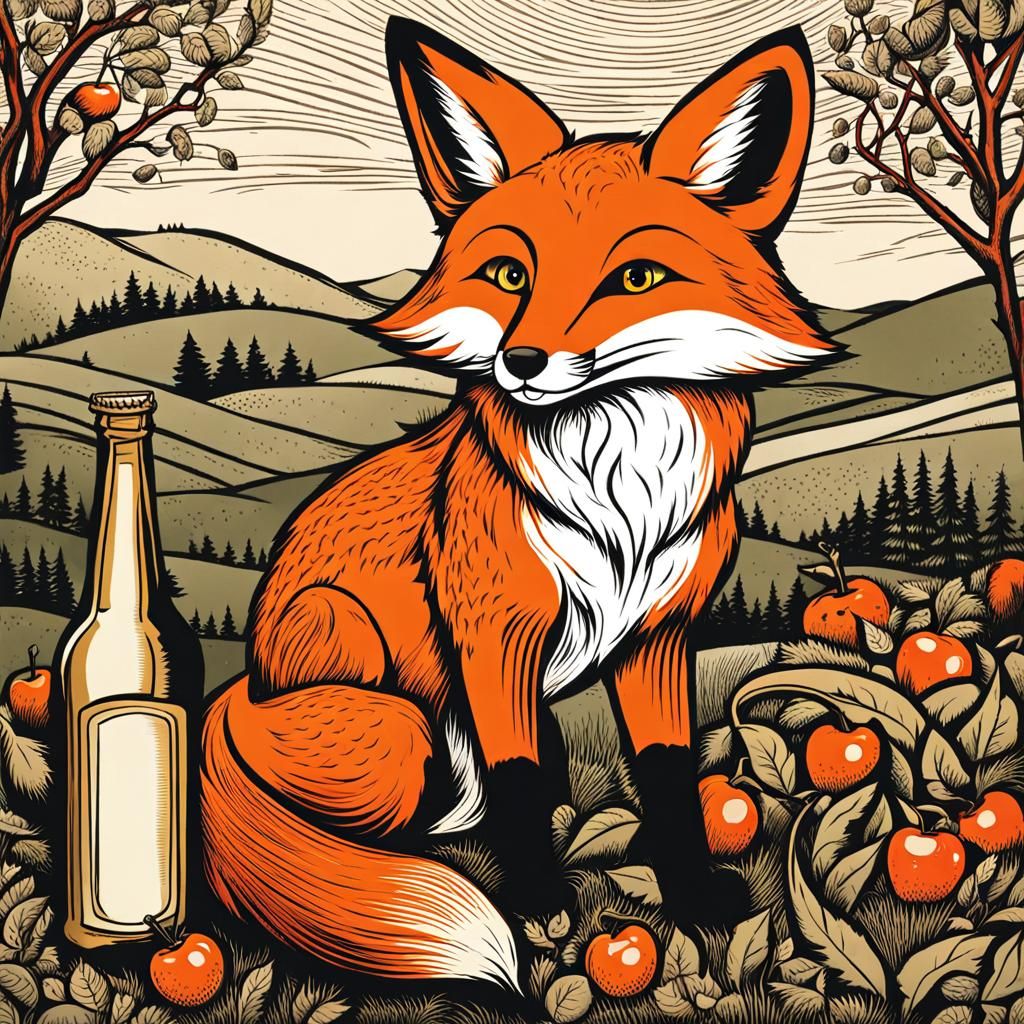 Fox with Cider Bottle