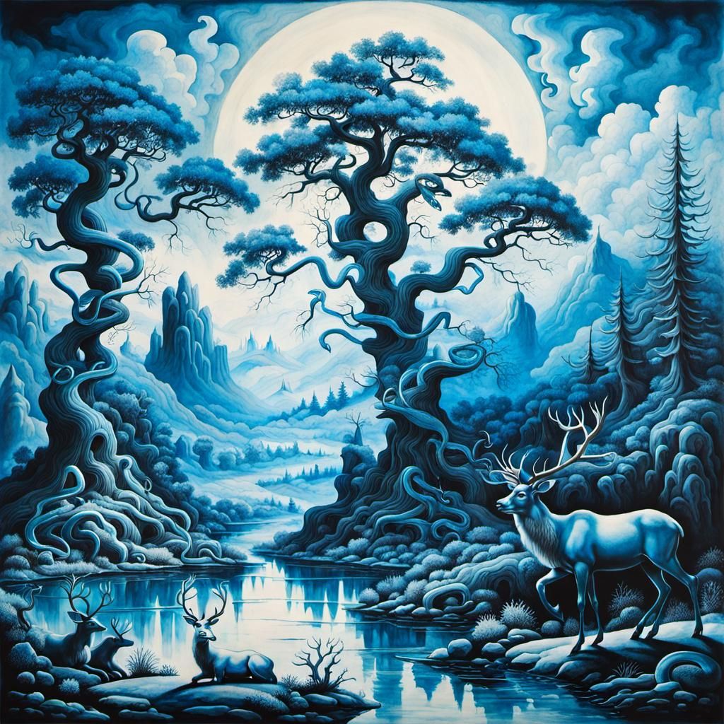Surreal Reindeer Landscape in Renaissance Grotesque Style