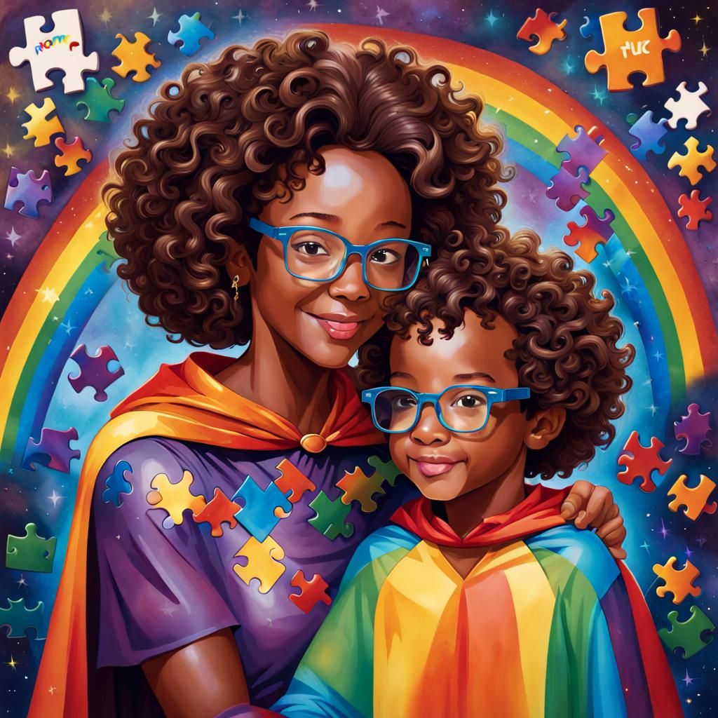 Chocolate-Skinned Mom and Son with Rainbow Background
