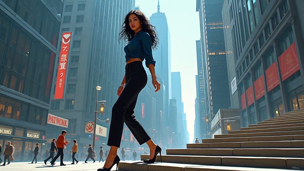 Voluptuous Woman in Cityscape, Futuristic Realism Style