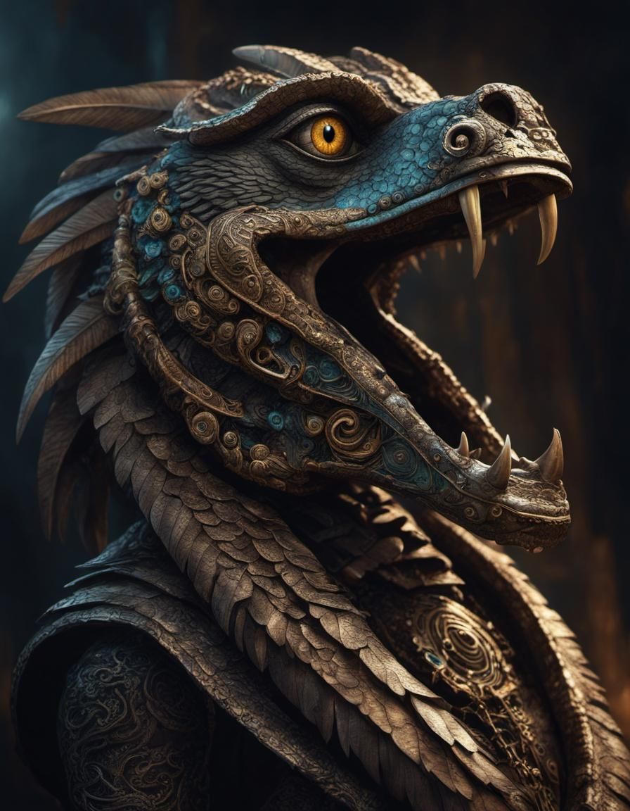 Feathered Serpent Portrait in Dark Fantasy Style