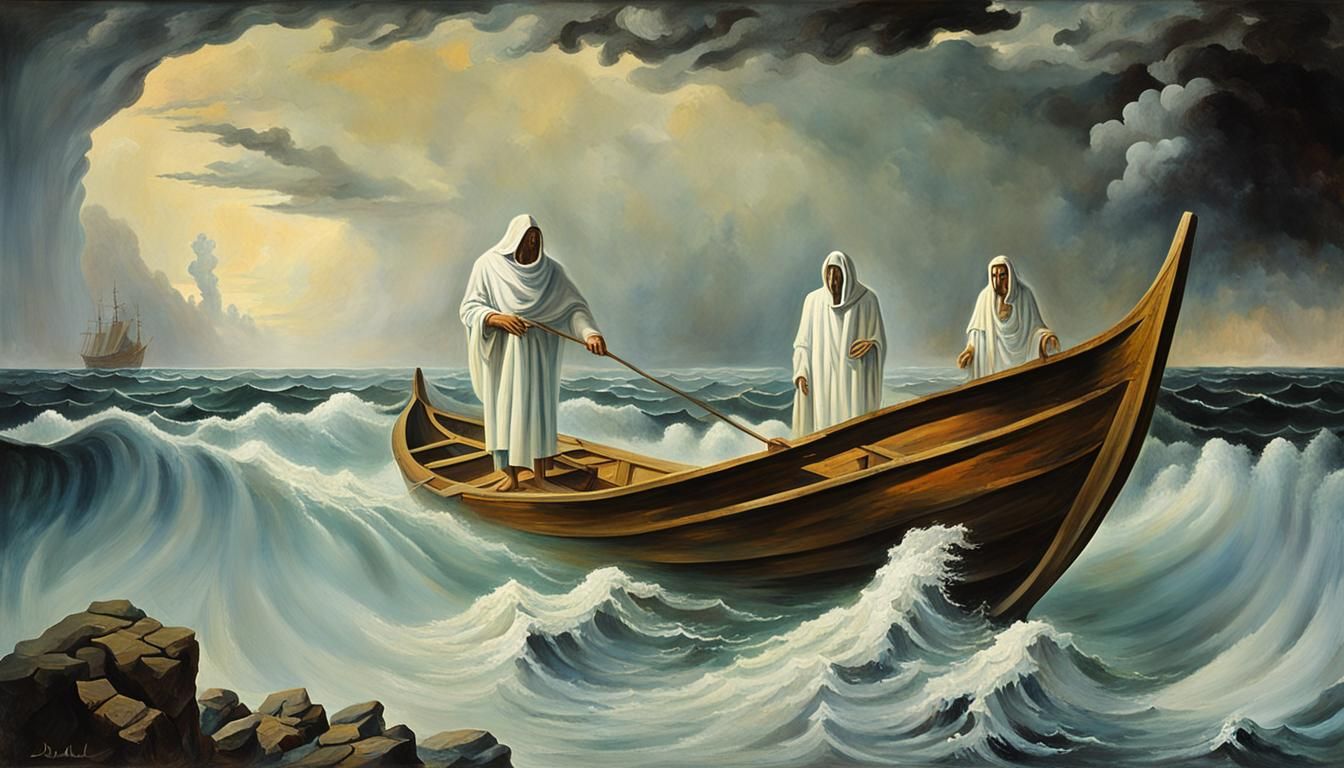Surreal Boatman on Stormy Sea, in Salvador Dali Style