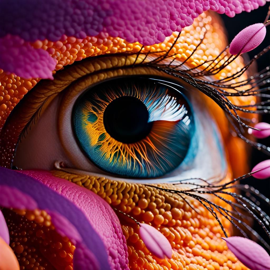 Psychedelic Portrait with Swirling Colors and Eye Motifs