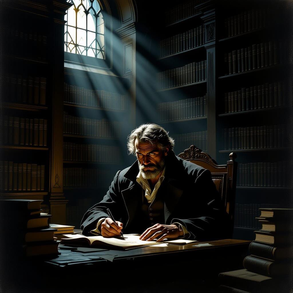 Criminal in Ancient Library: Dramatic Oil Painting