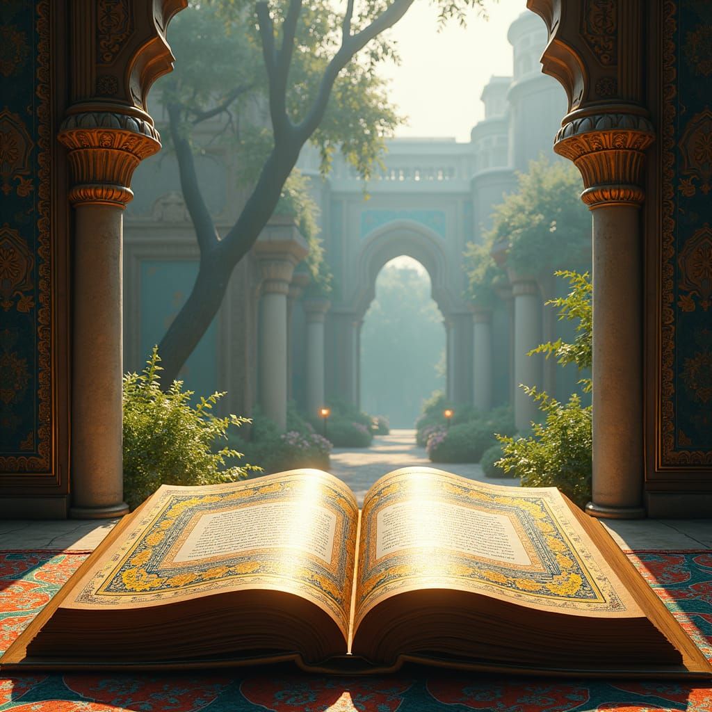 Ornate Quranic Manuscript in Paradise: Digital Painting