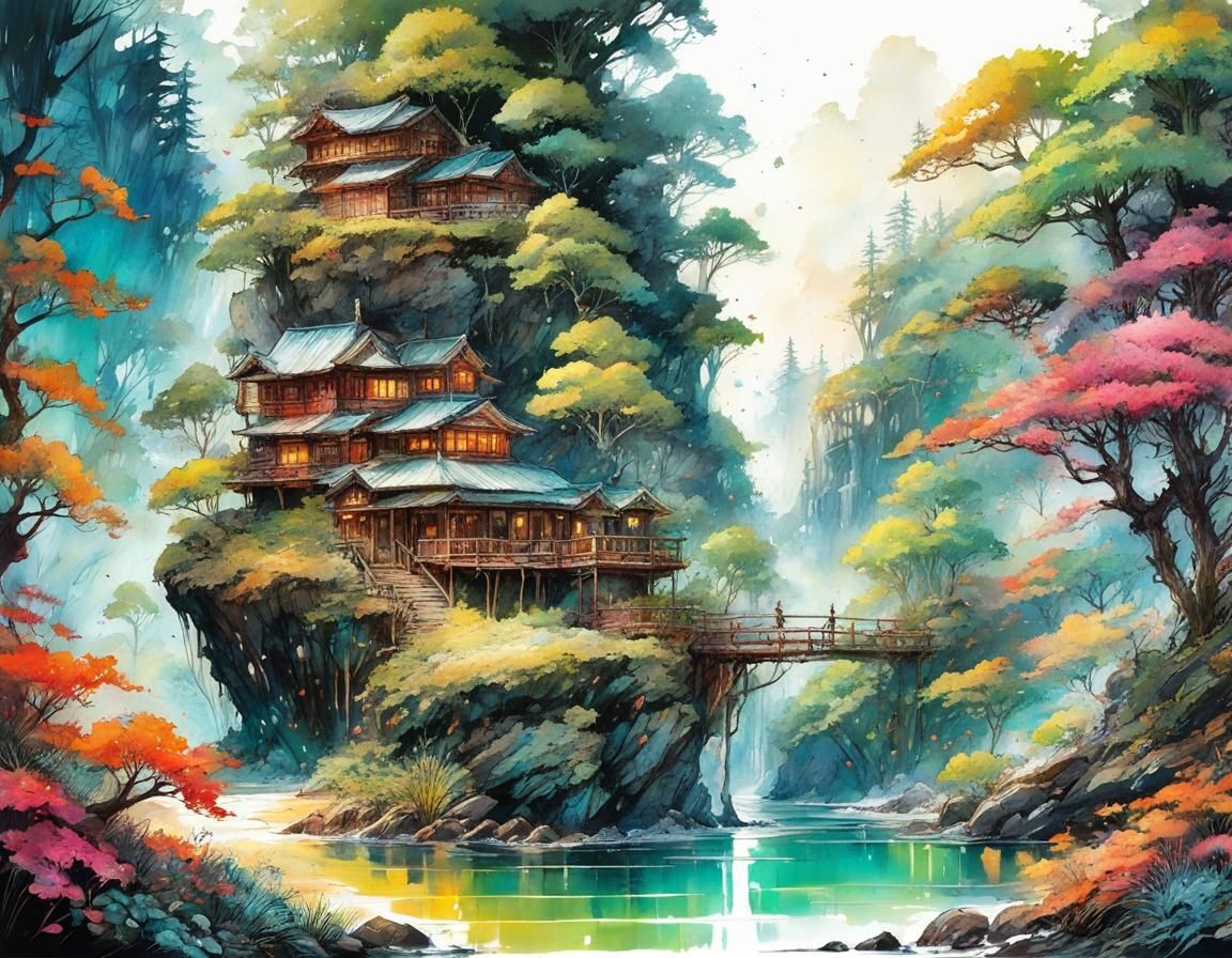 Colorful Fantasy Landscape in Watercolor Style