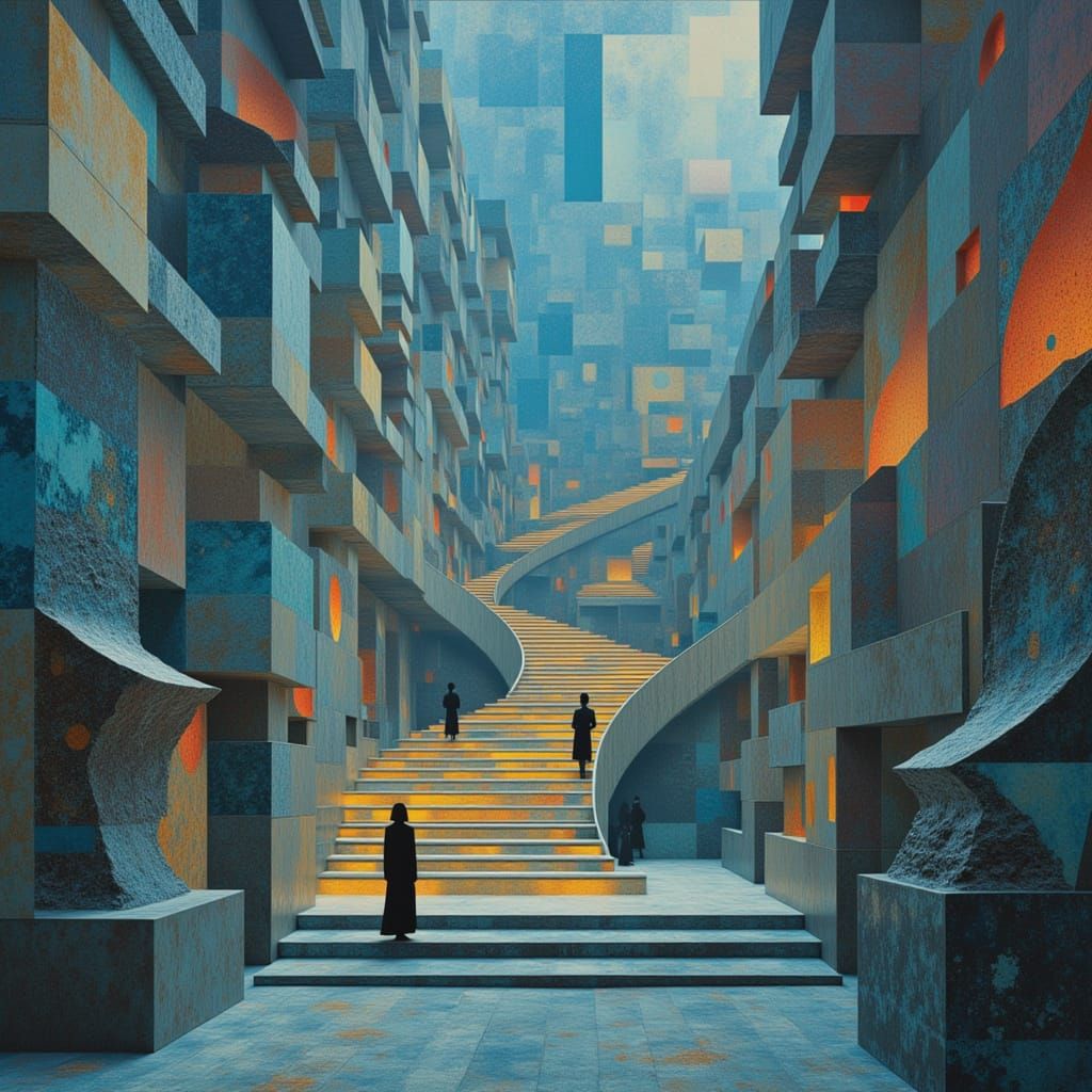 Surreal Stairway Maze with Figures in Black