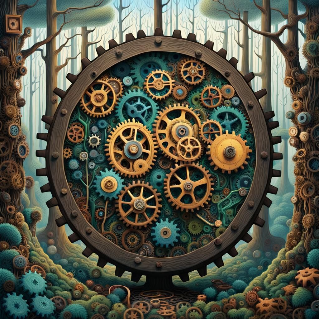 Clockwork Forest: A Colorful Surrealist Art Piece