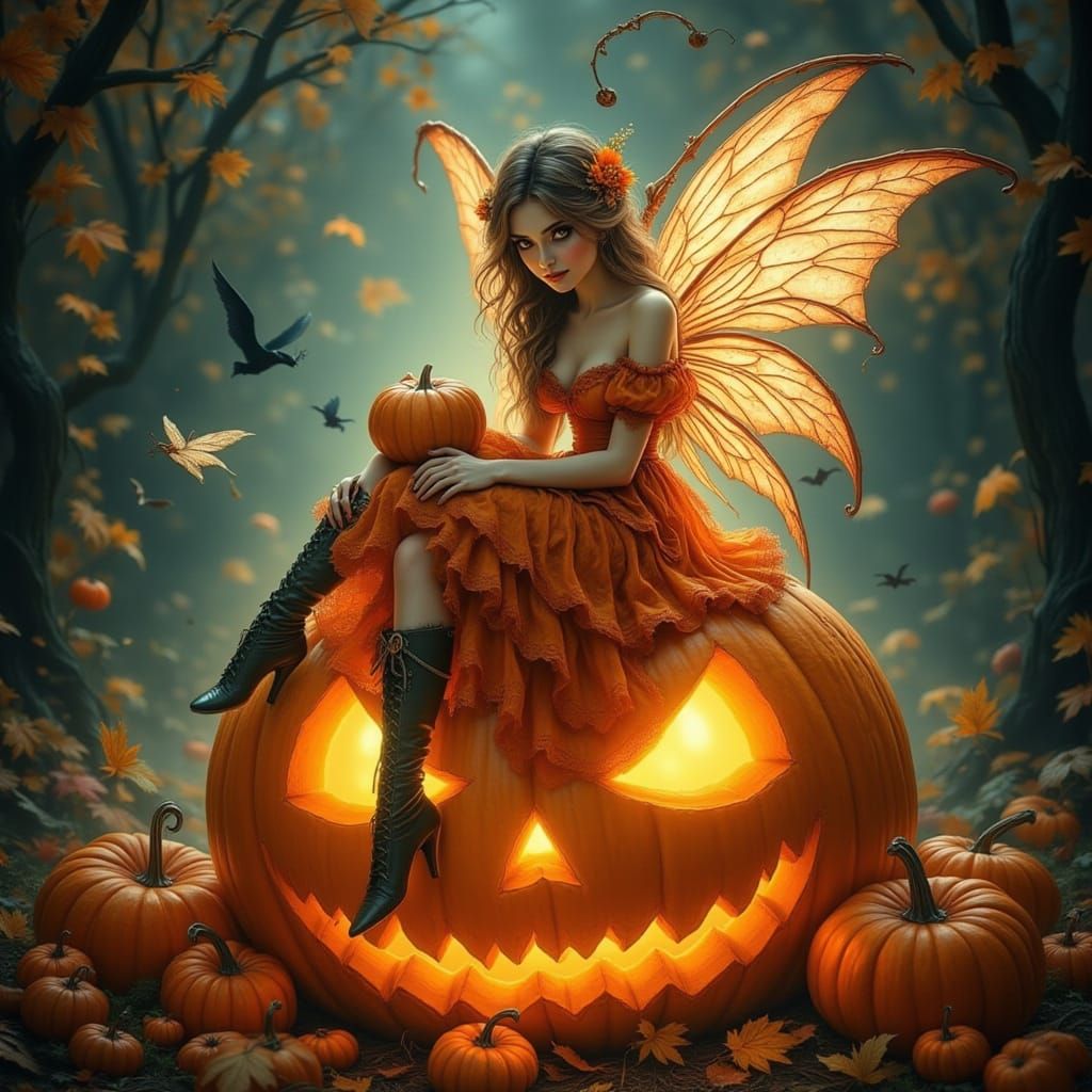 Ethereal Fairy on Glowing Jack-o'-Lantern in Autumn