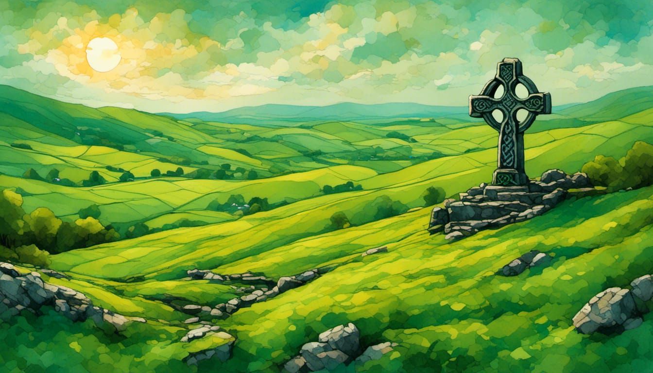 Celtic Cross Overlooking Ireland's Green Fields
