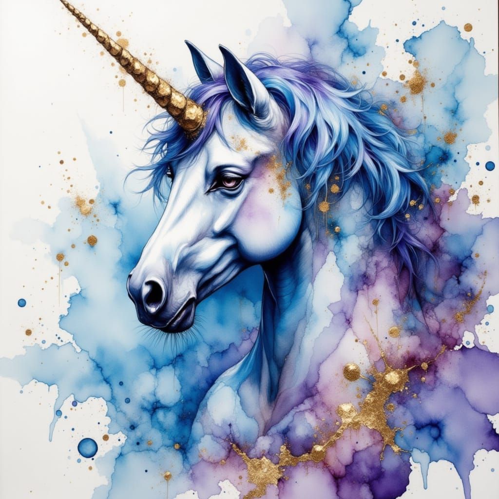 Majestic Unicorn Portrait in Watercolor and Ink Style