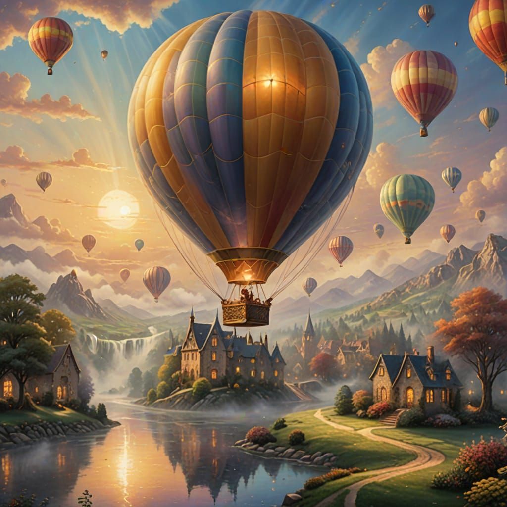 Mystical Hot Air Balloon in Ethereal Golden Light