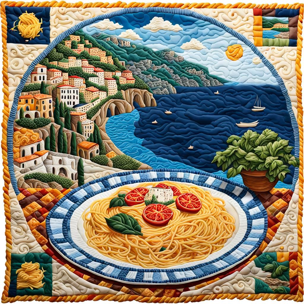 Amalfi Coast Landscape Quilt: Hyperrealistic Patchwork Art