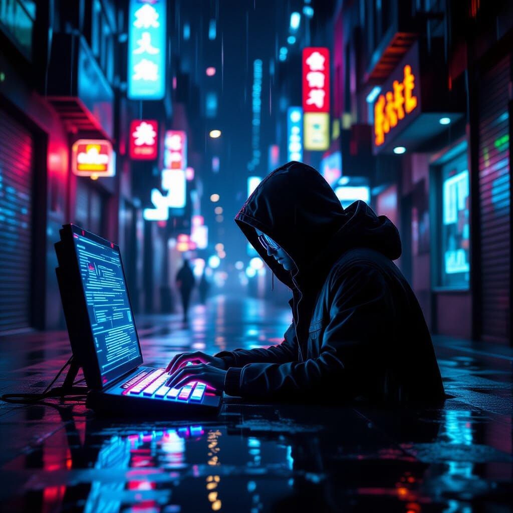 Cyberpunk Programmer Focused on Holographic Keyboard