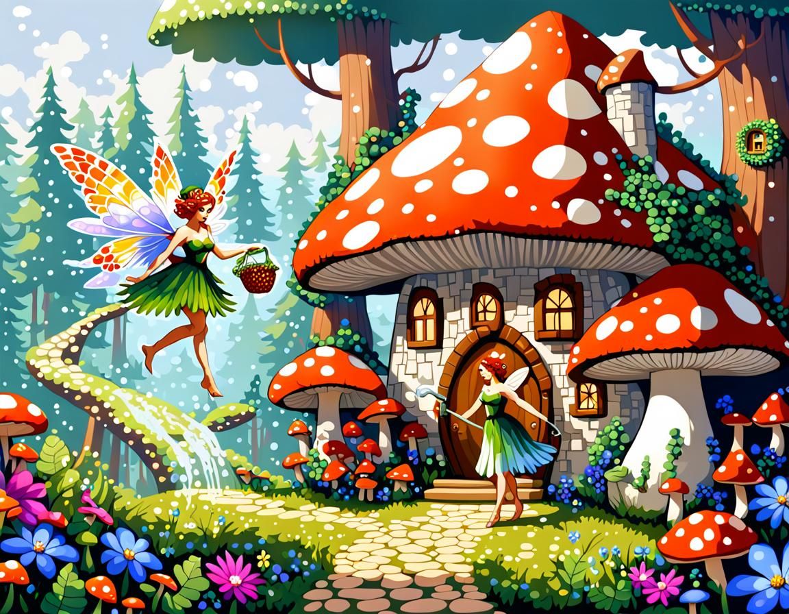 Pixilated Fairy Watering Flowers in Fantasy Forest