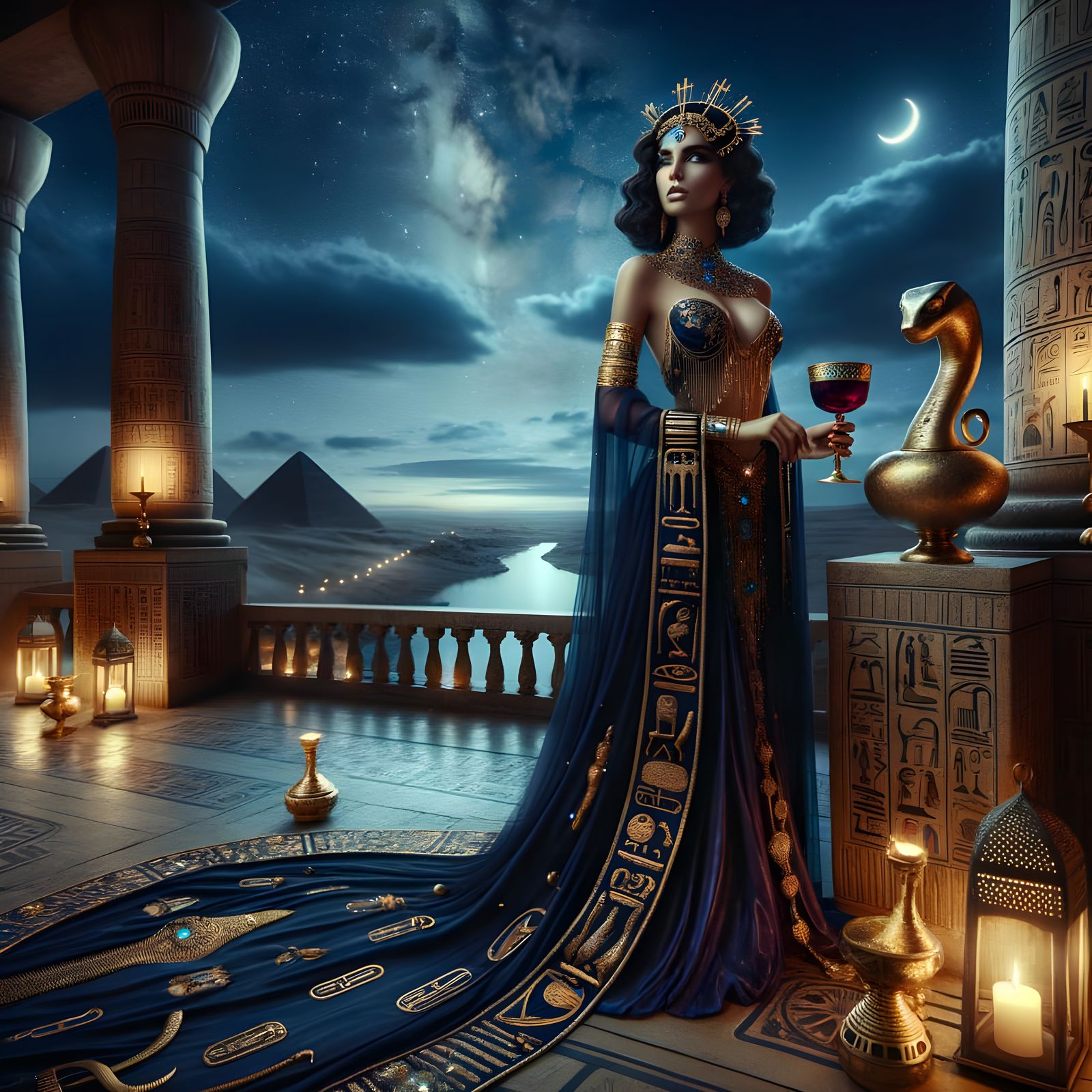 Regal Queen Standing on Ancient Egyptian Balcony Under Starr...