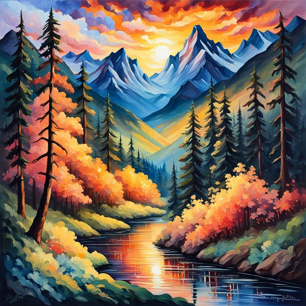 Majestic Sunset Over Mountains and Forest: Gouache Impressio...