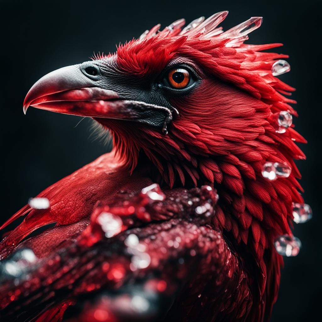 Crystal Red Raven in Hyperrealistic Style