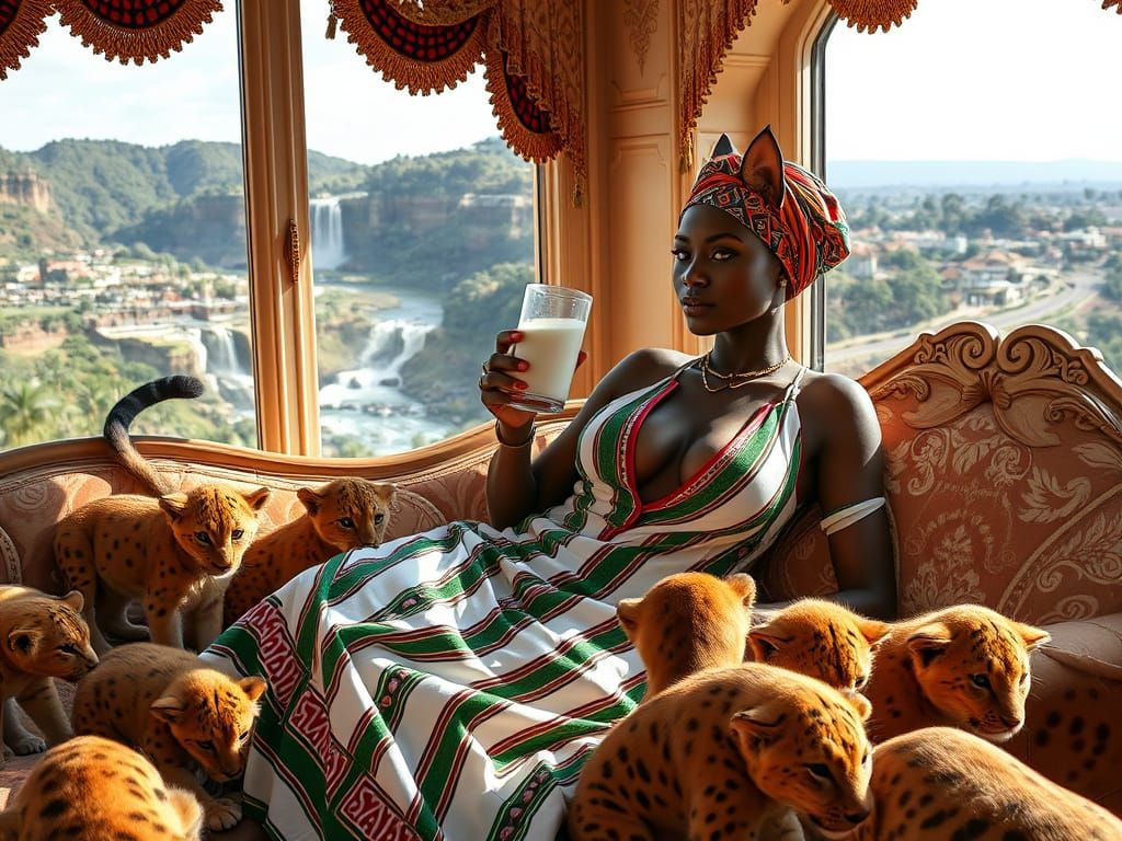 Cat Woman Lounges Near Chutes de la Karera Falls