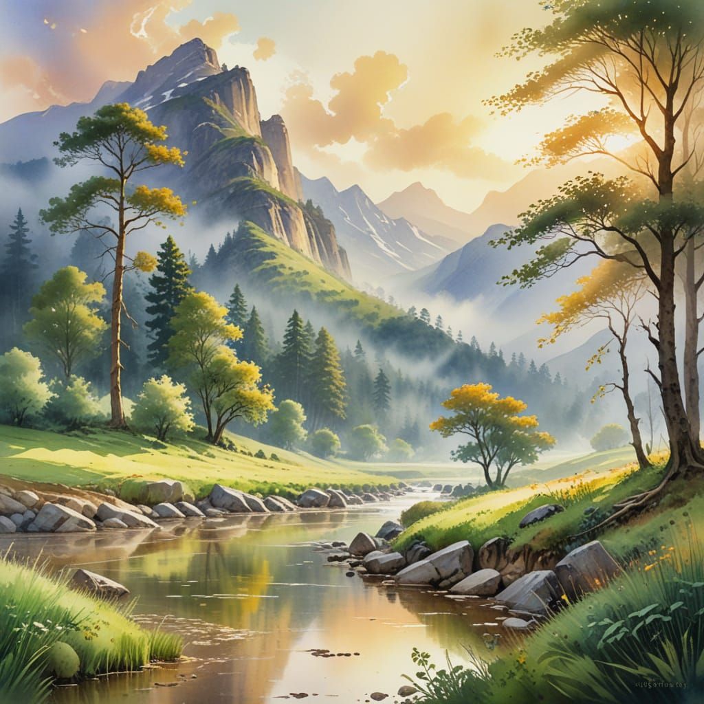Serene Mountain Valley in Vibrant Watercolour