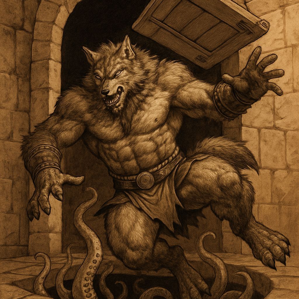 Tribal Wolf-Beastman Falls into Tentacle Pit Trap
