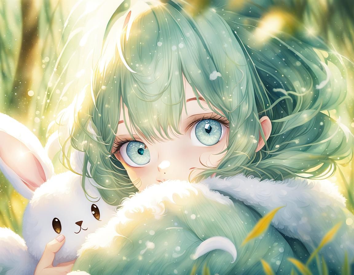 Pastel Anime Girl with Bunny in Watercolor Style