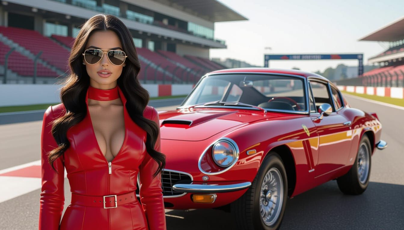 Italian Fitness Model in Red Leather Catsuit with 1960s Spor...