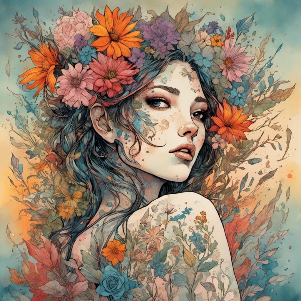 Beautiful Woman with Floral Face Art and Zentangles