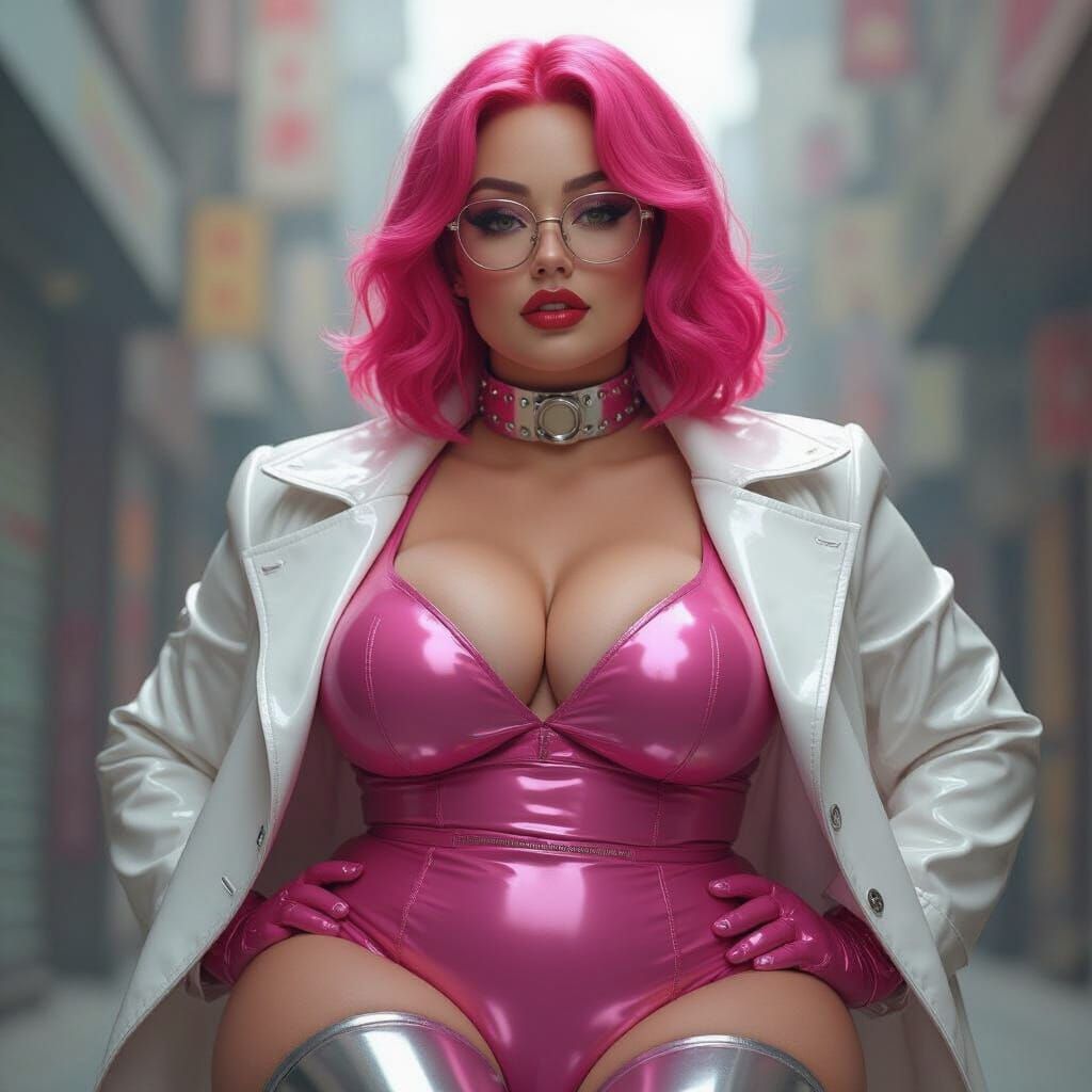 Plump Woman in Pink and Silver Latex Secretary Outfit