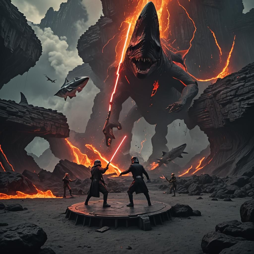 Lightsaber Duel Above Lava with Shark