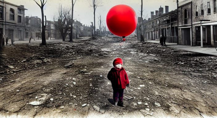 War-Torn Street Scene with a Red Balloon in a Vintage Vignet...