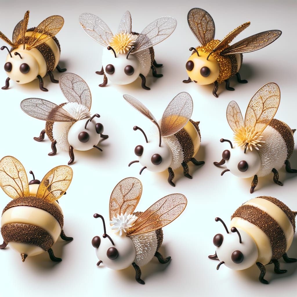 Disney Pixar style 3D adorable bees, 🐝 made out of white and milk chocolate 🍫, gold glitter luster dust, dainty spun s...
