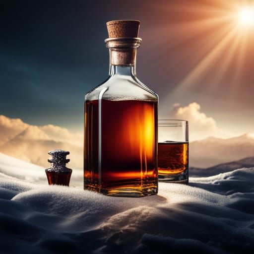 Whiskey Bottle with Snowy Mountain View