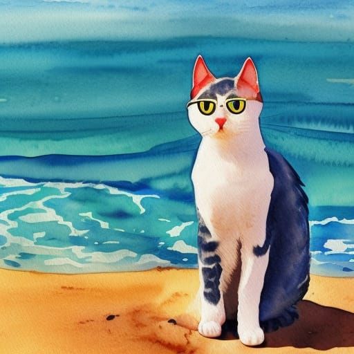 Watercolor Cat at Sea with Bright Colors