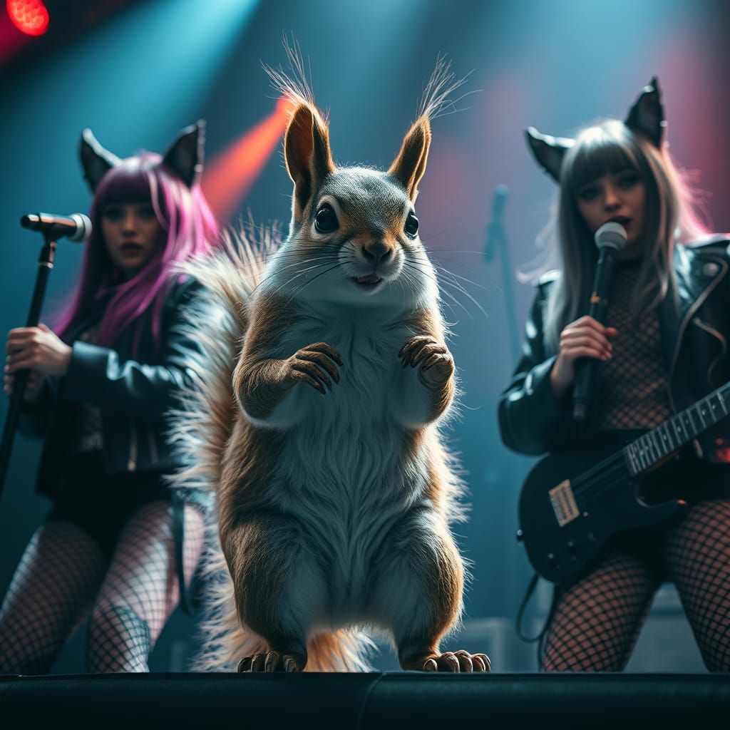 Squirrel with Goth Band on Stage in Dark Fantasy Style