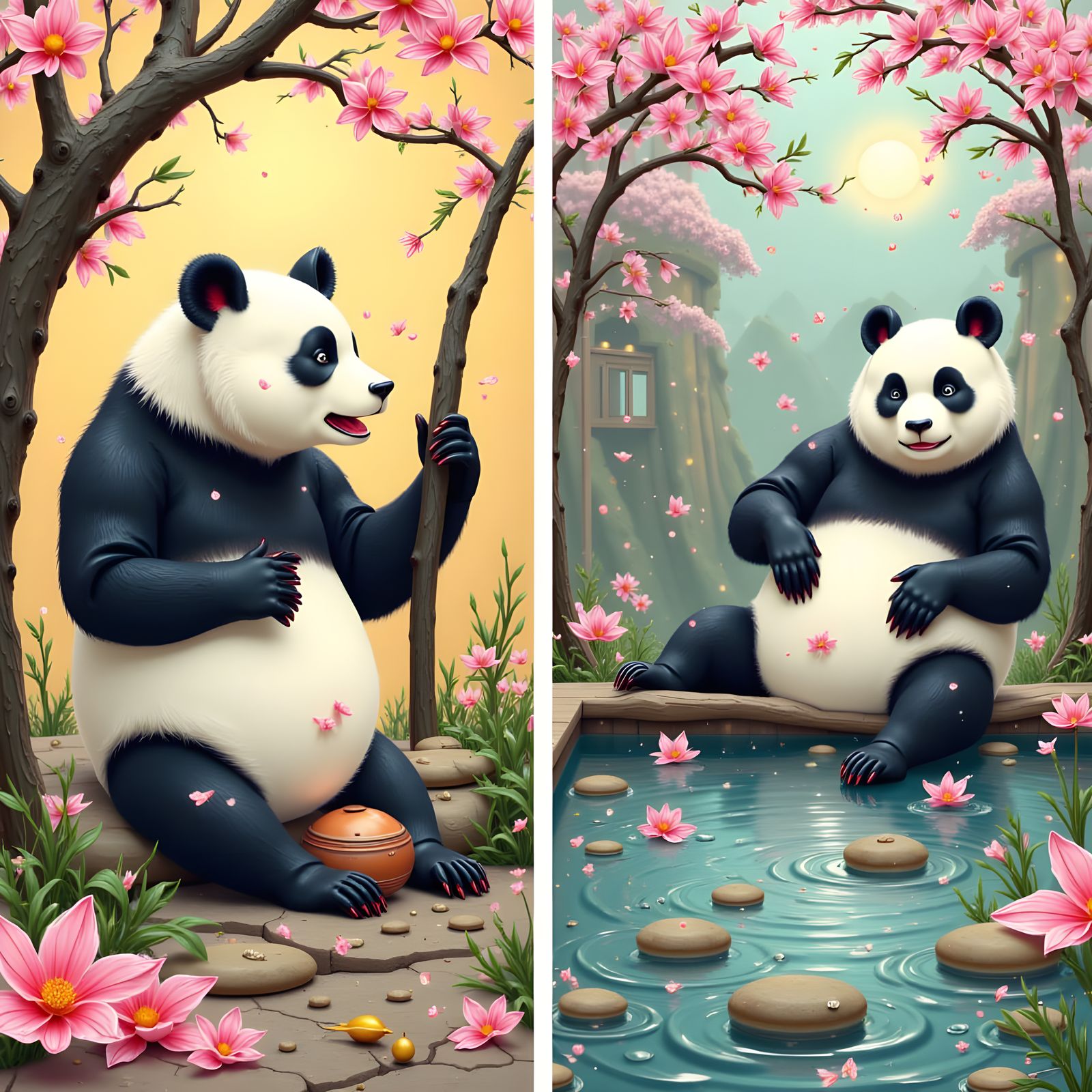 Panda Enjoys Spa Day and Peaceful Pond in Japanese Style