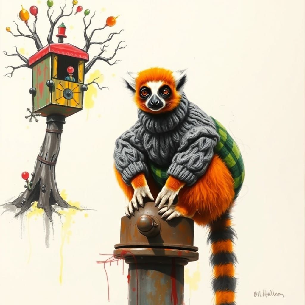 Vibrant Striped Lemur in Cozy Sweater, Whimsical Woodland Sc...