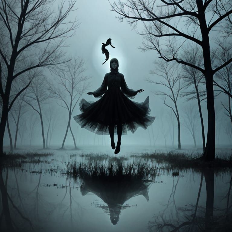 Eerie Scene with Floating Ghostly Entities