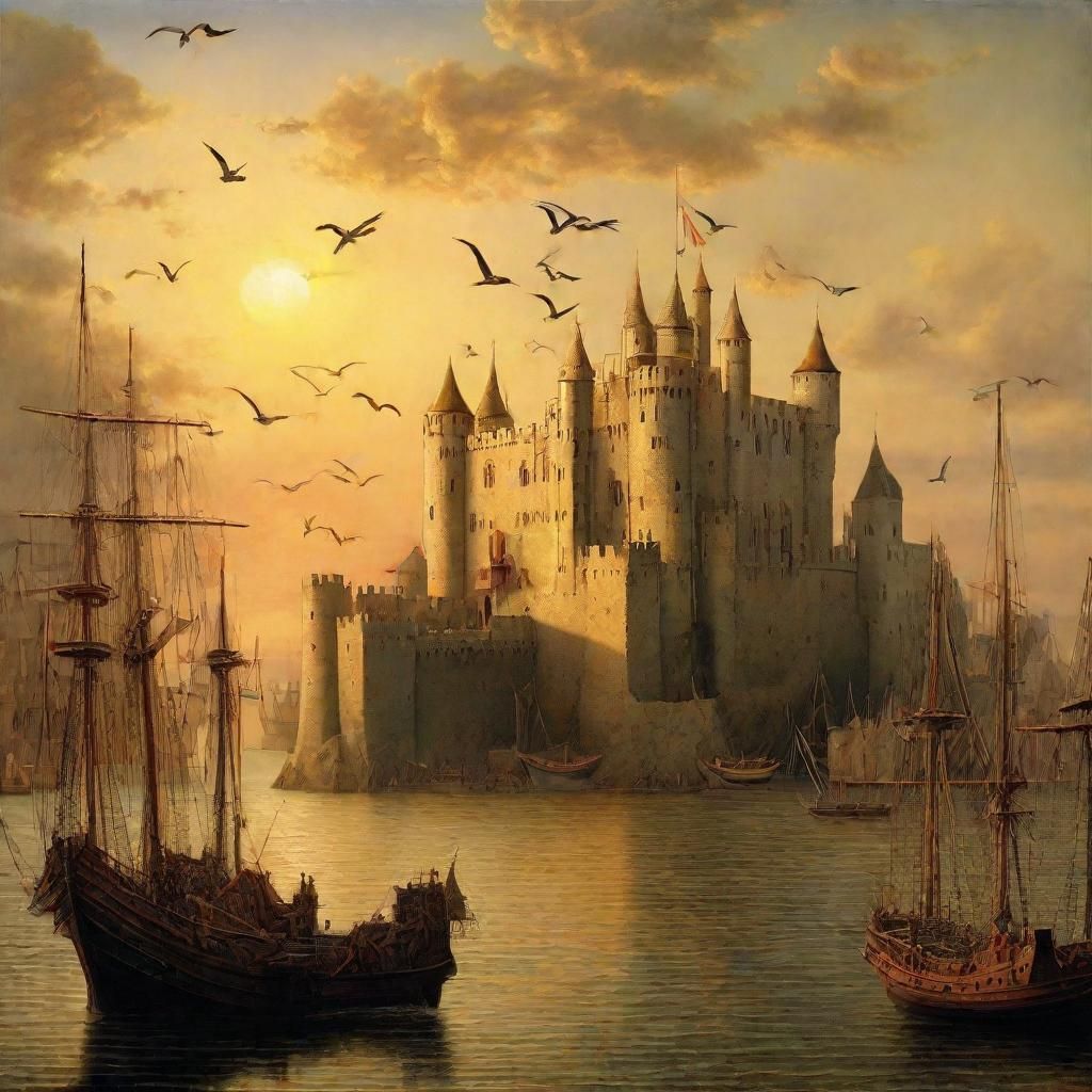 Fortress by the Sea at Sunset in Medieval Style
