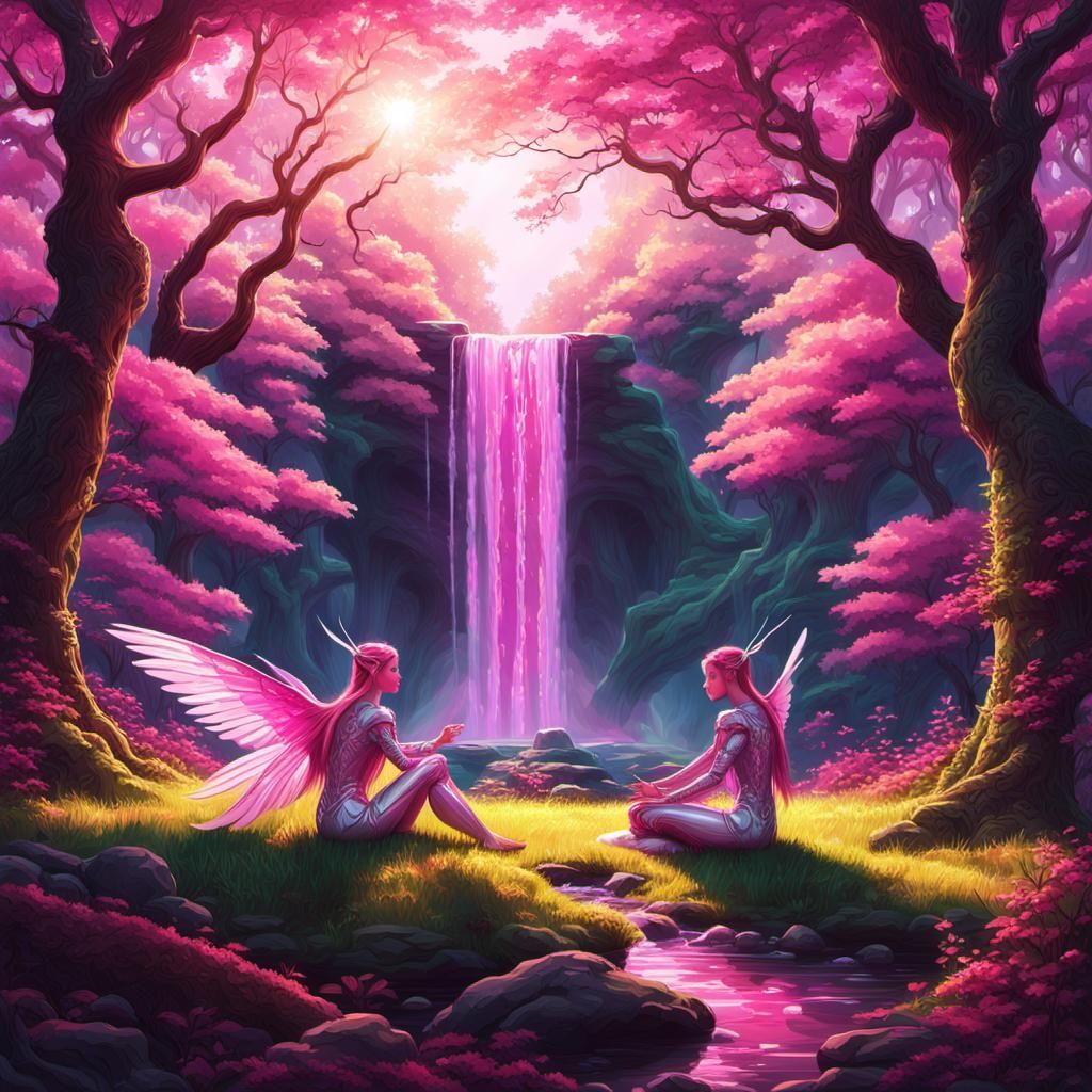 Pink Waterfall in Forest with Futuristic Elves