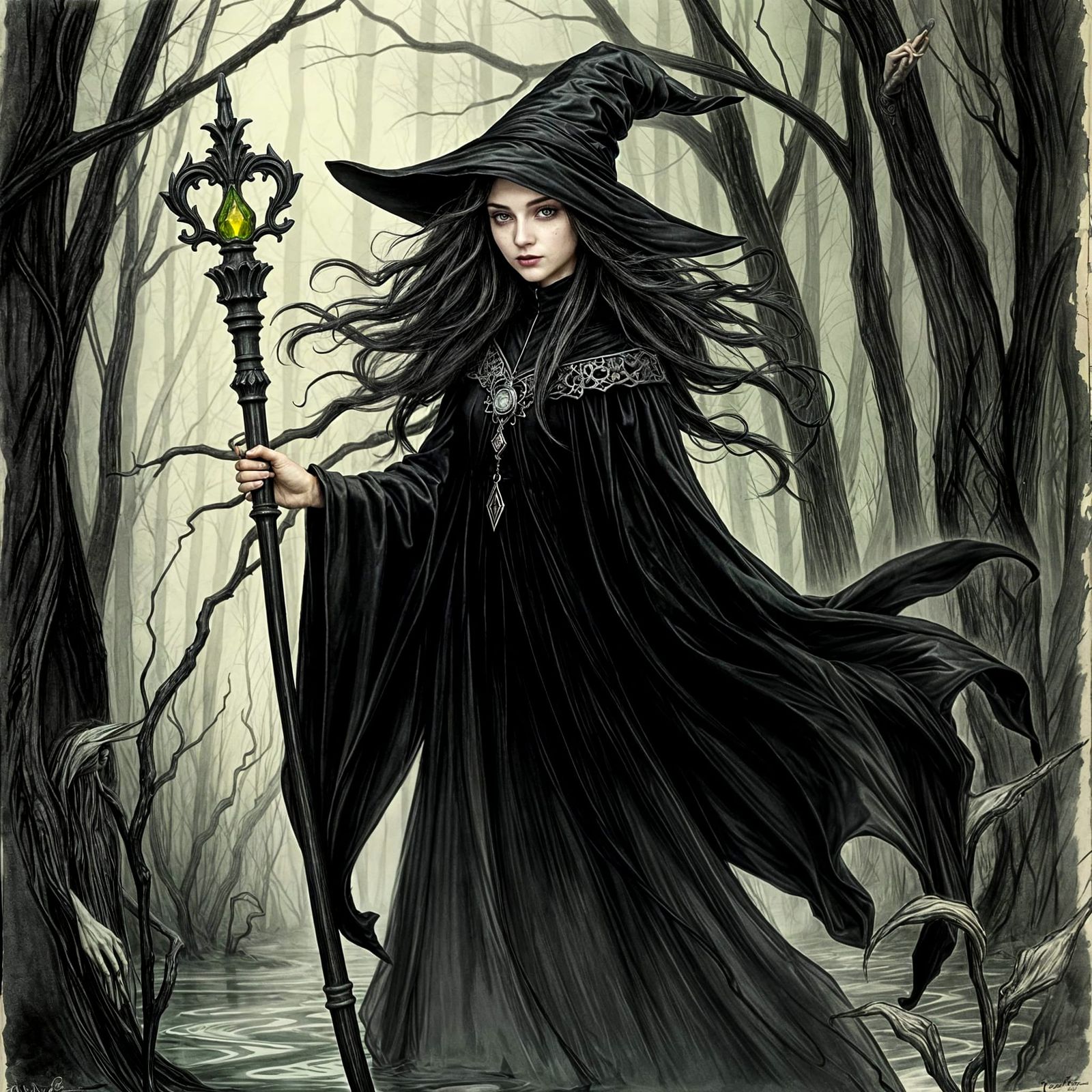 Swamp Witch in Art Nouveau Charcoal Sketch