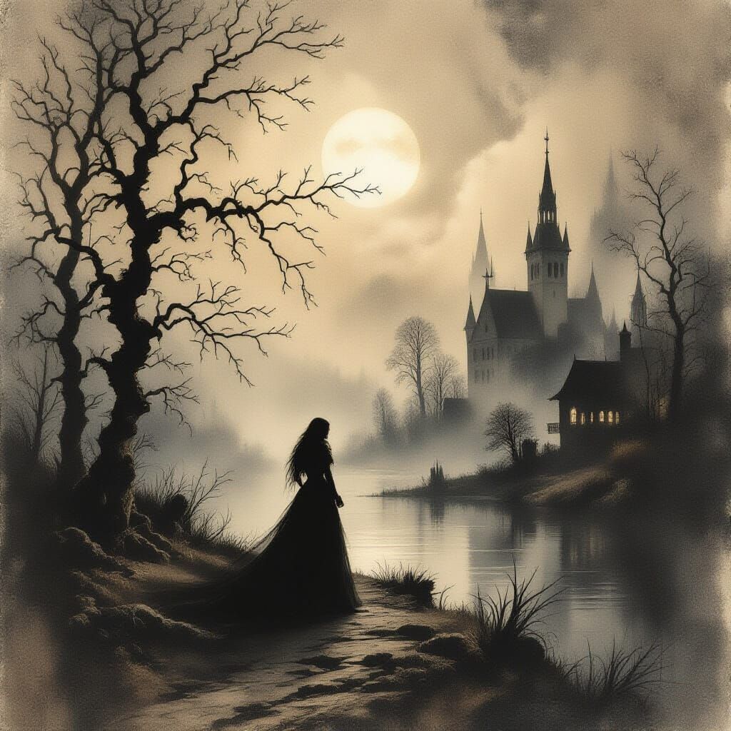 Romantic Gothic Moonlight Landscape
