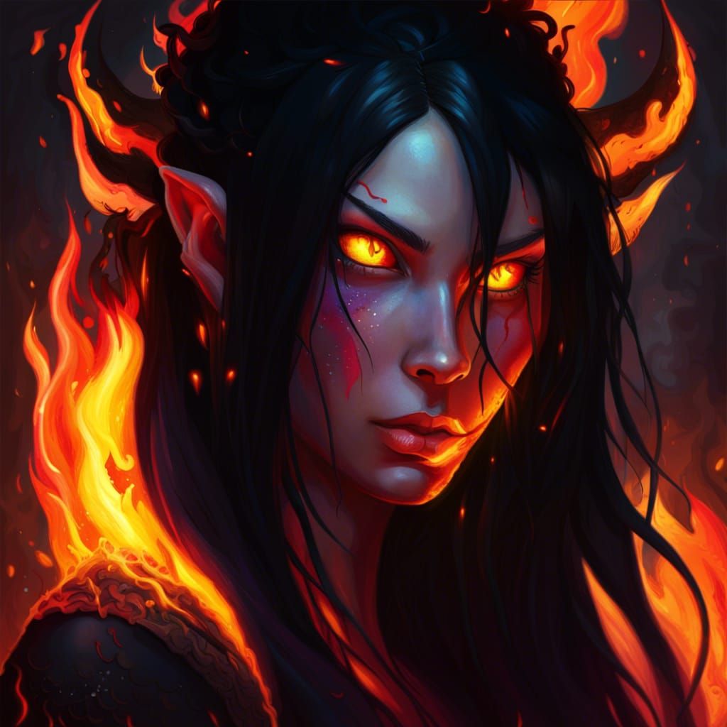 demon girl with long black hair, and glowing eyes and fire in the background