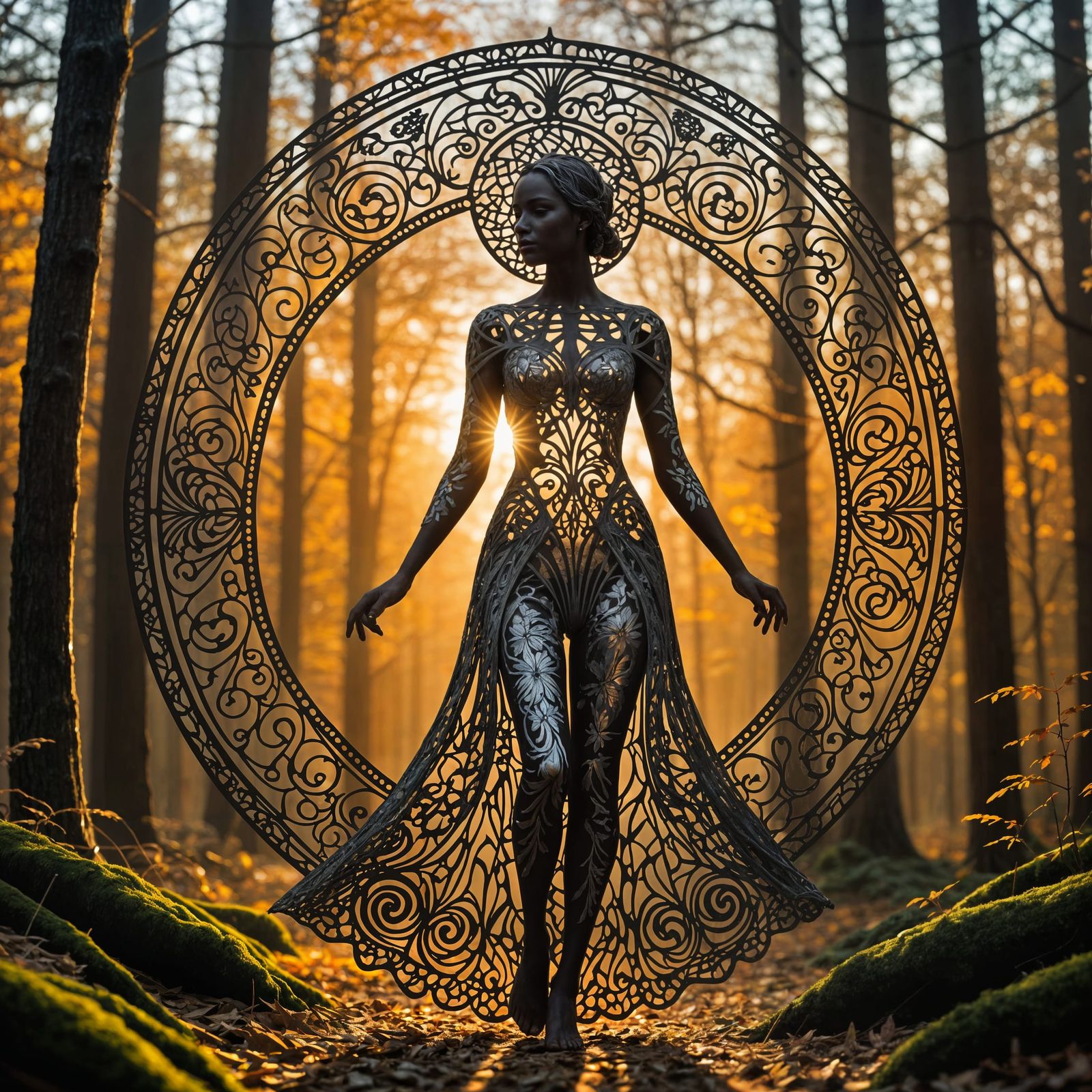 Filigree Figure Walking into Autumn Sunset