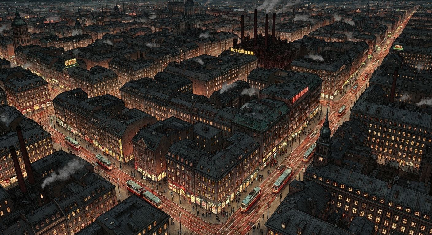 1920s Berlin Night Aerial View in German Expressionist Style