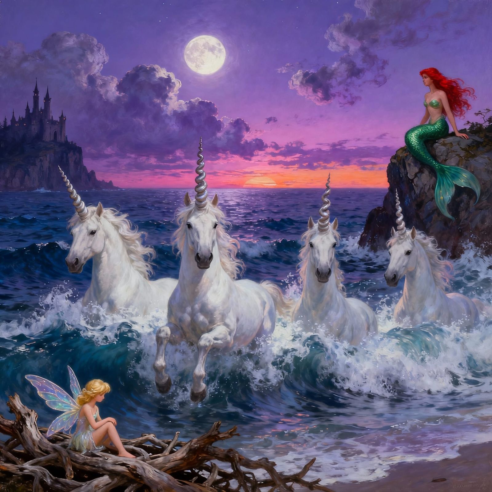 Mythical Unicorns Emerge from Twilight Sea in Enchanted Real...