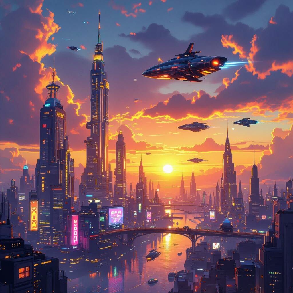 Futuristic Cityscape at Sunset, Neon Lights, Flying Ships
