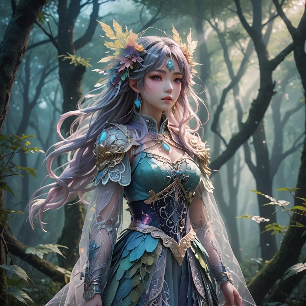 Anime Girl in Misty Forest, 3D Art