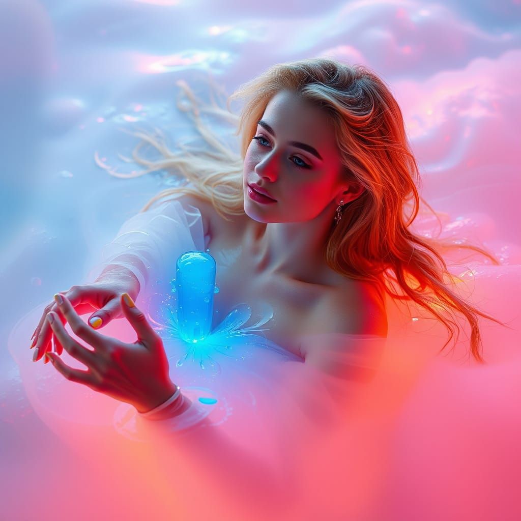Woman Floating in Soda Sea with Neon Skies
